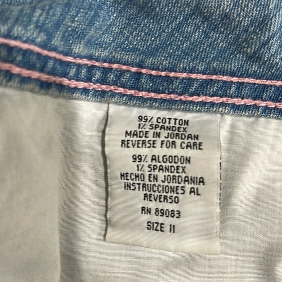 l.e.i. Y2K Light Wash Jean Mini Skirt Pink Stitch Crystal Embroidered Pockets - Picture 6 of 7